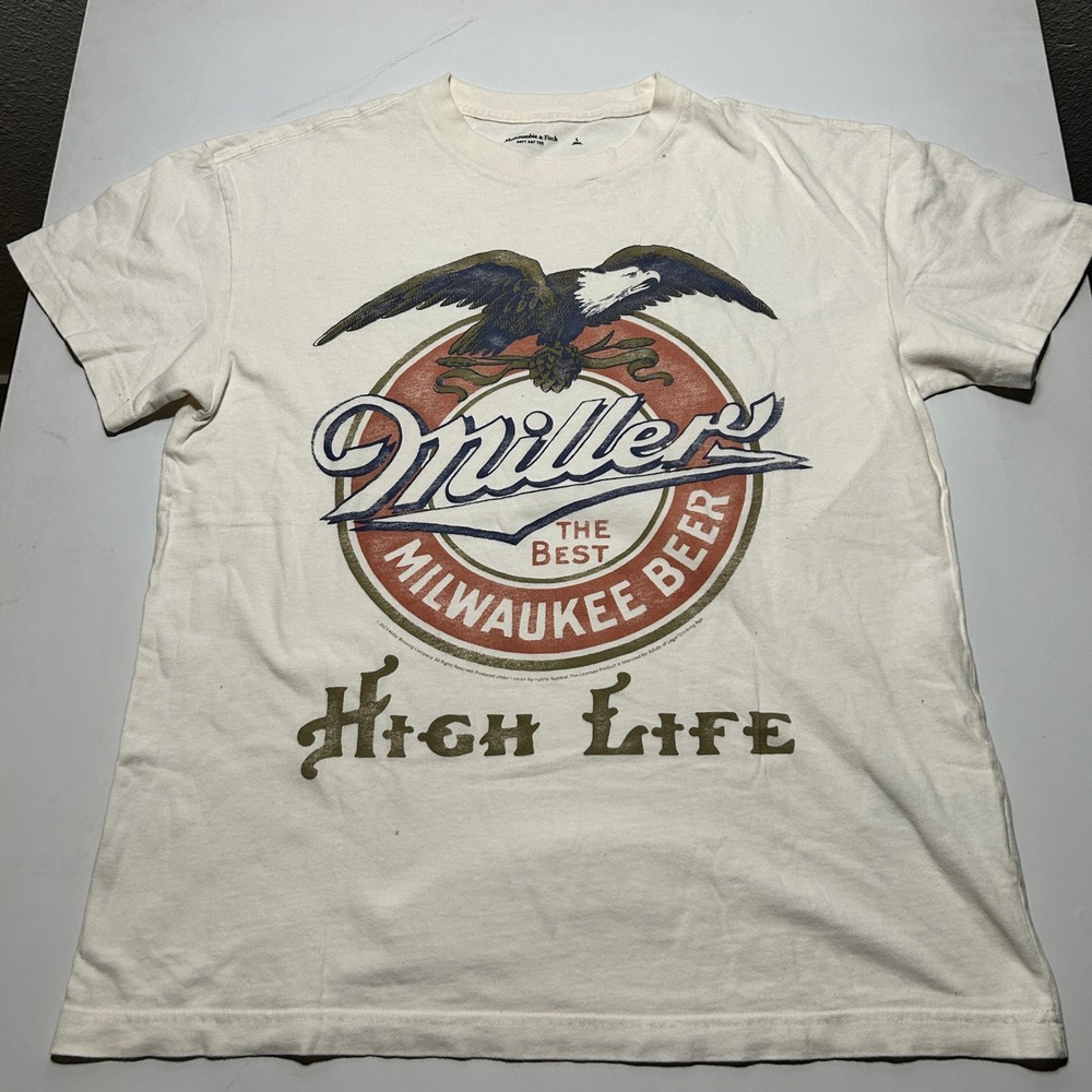 Abercrombie & Fitch Miller High Life Beer Graphic T-Shirt Mens Large Cream